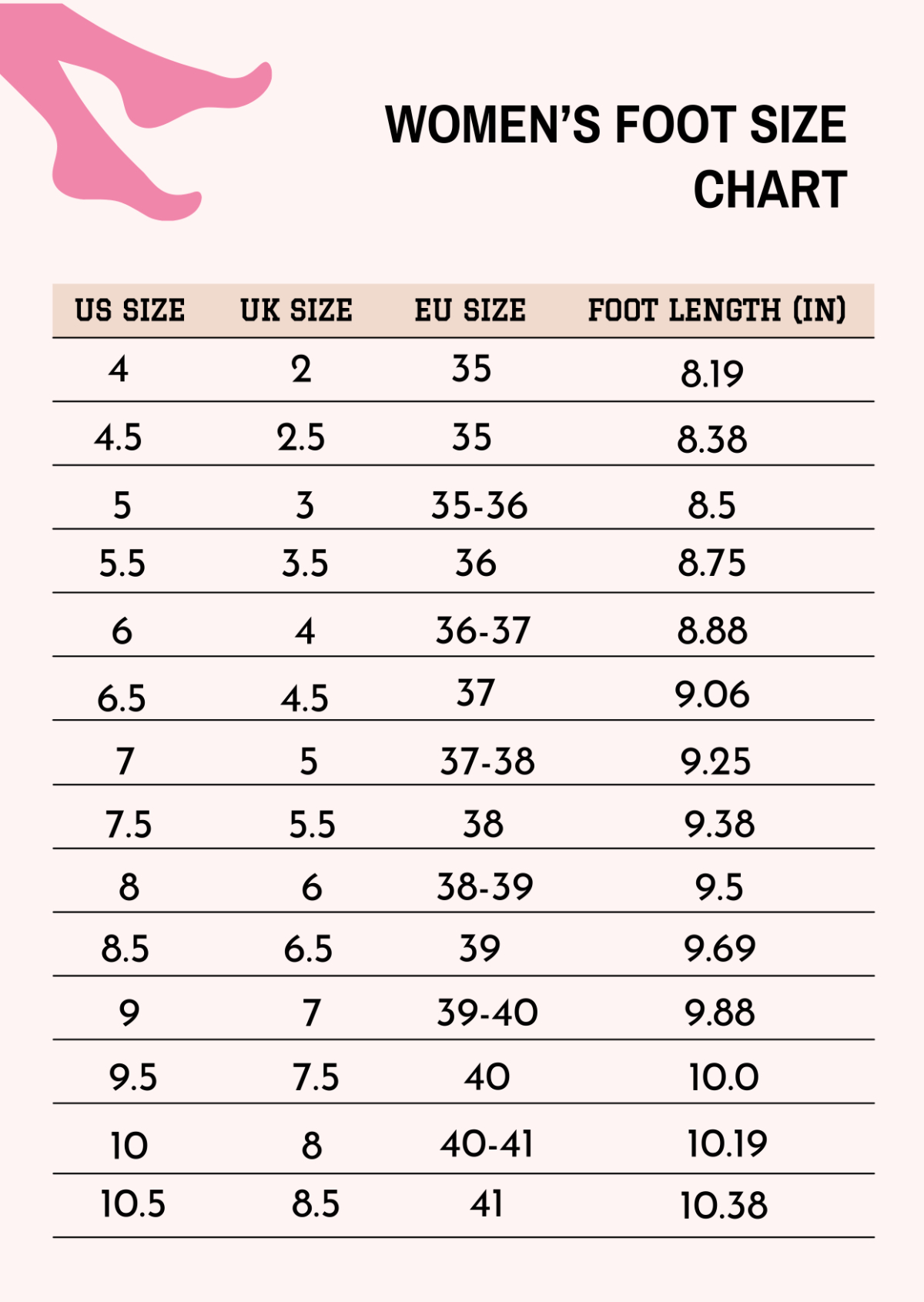 Free Shoe Size Chart Templates, Editable And Printable for Women&amp;#039;S Foot Size Chart Printable