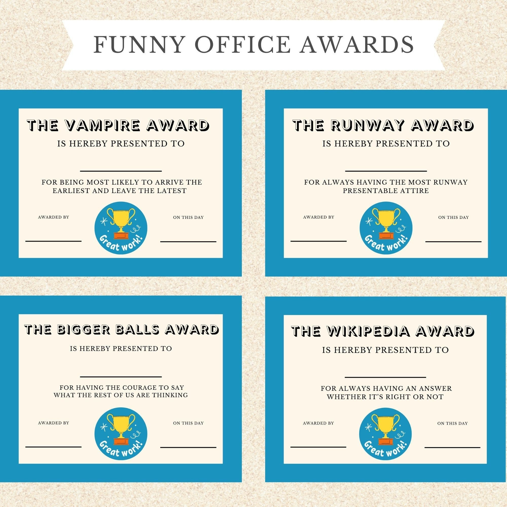 Funny Office Coworker Awards, Funny Employee Award Printable regarding Funny Awards For Employees Free Printables