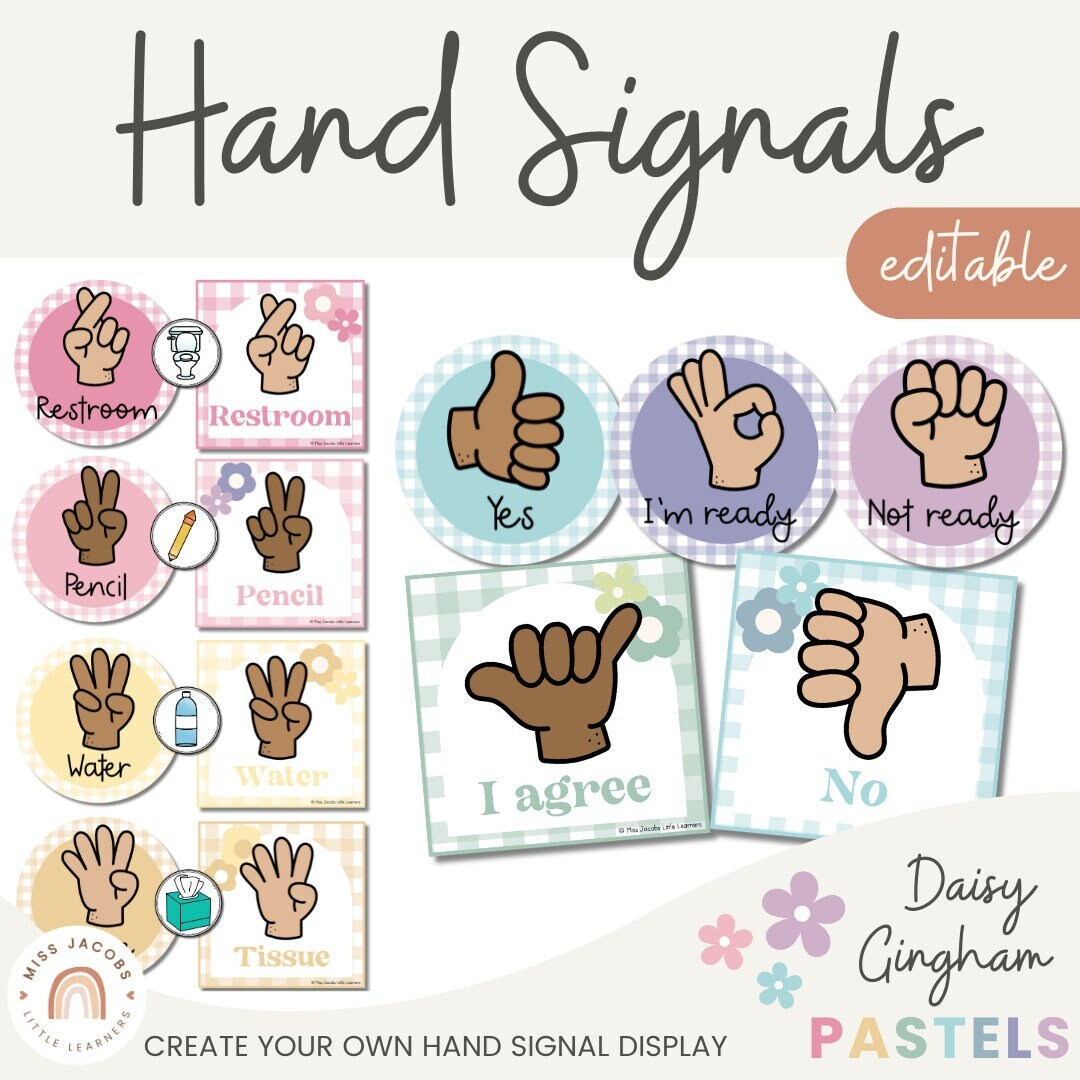 Hand Signals | Daisy Gingham Pastels Classroom Decor | Editable - Etsy in Free Printable Church Usher Hand Signals