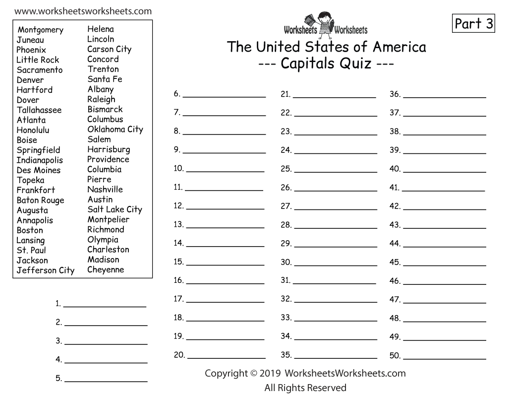 Homeschool Geography Worksheet | Worksheets Worksheets in Free Printable State Capitals Quiz