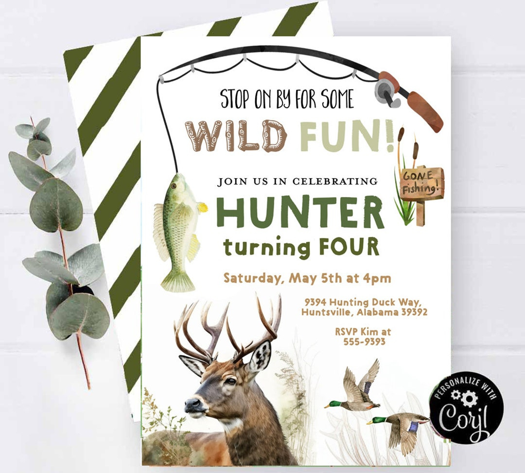Hunting Fishing Birthday Invitation Deer Fish Duck Hunting in Free Printable Deer Hunting Birthday Cards