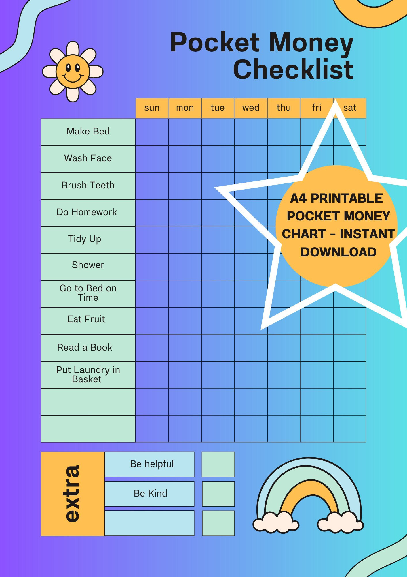 Kids Printable Pocket Money Chart, Instant Download inside Pocket Money Reward Chart Printable