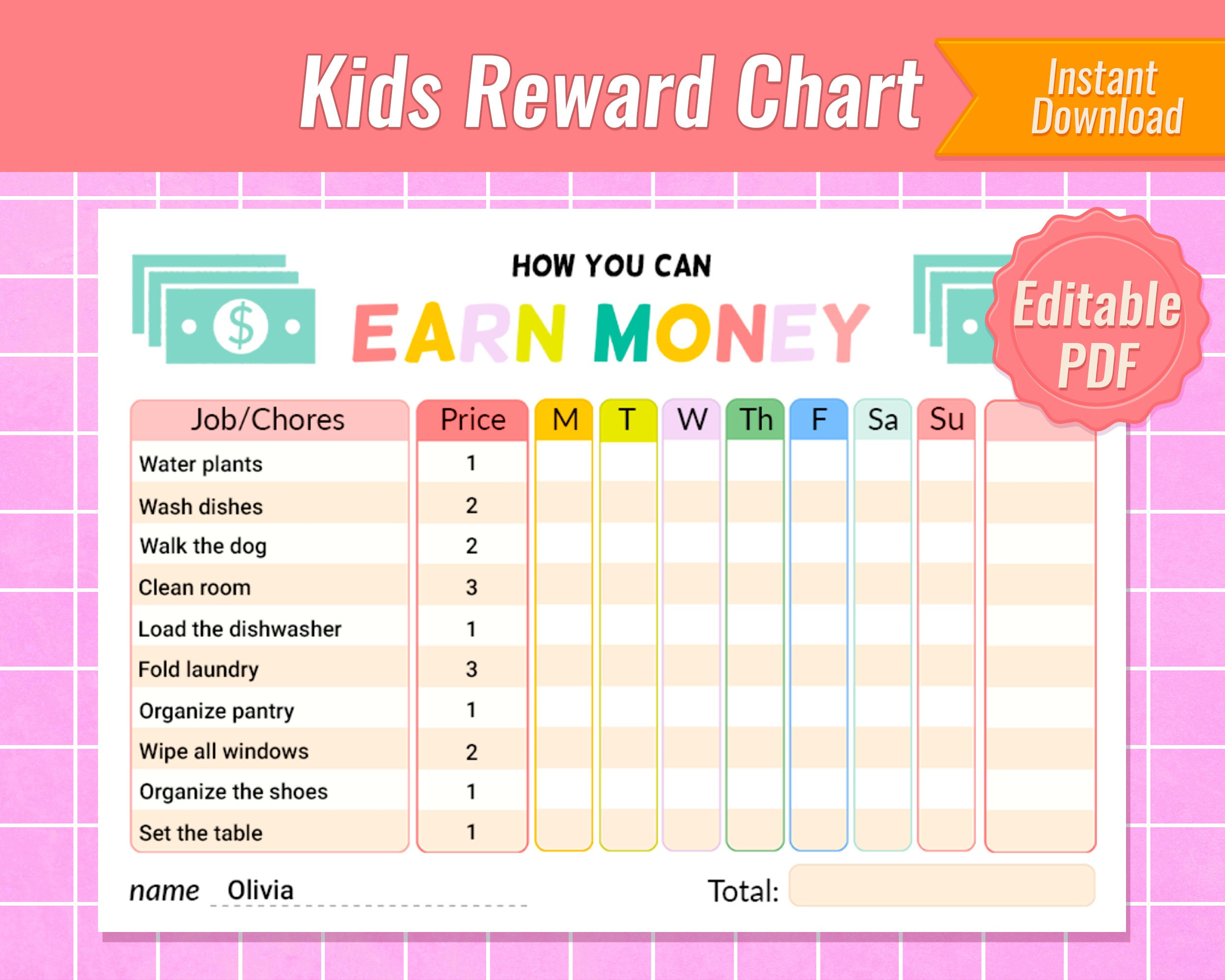 Kids Reward Chart Kids Money Chore Chart, Printable Chore Chart in Pocket Money Reward Chart Printable