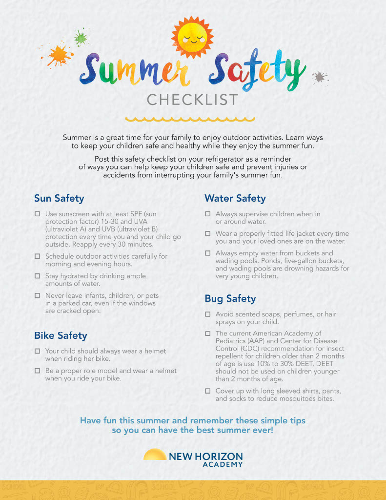 Kids Summer Safety Checklist - New Horizon Academy intended for Free Printable Summer Safety Worksheets