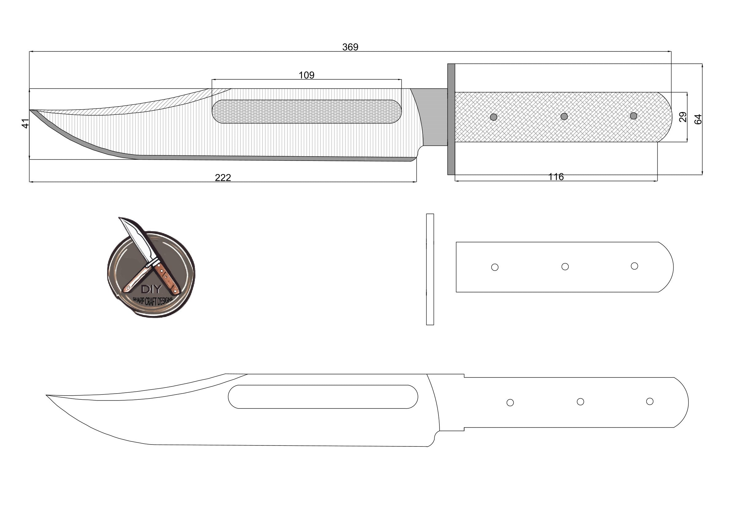 Large Bowie Knife Design Blueprint | High-Quality Pdf, Dwg, And in Printable Bowie Knife Patterns