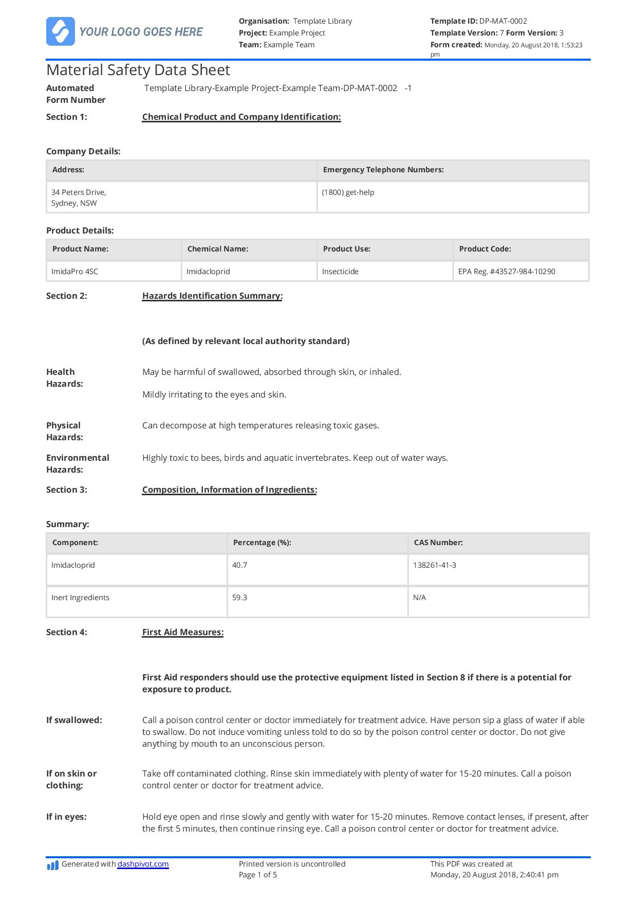 Material Safety Data Sheet Template: Download For Free with regard to Free Printable Msds Data Sheets