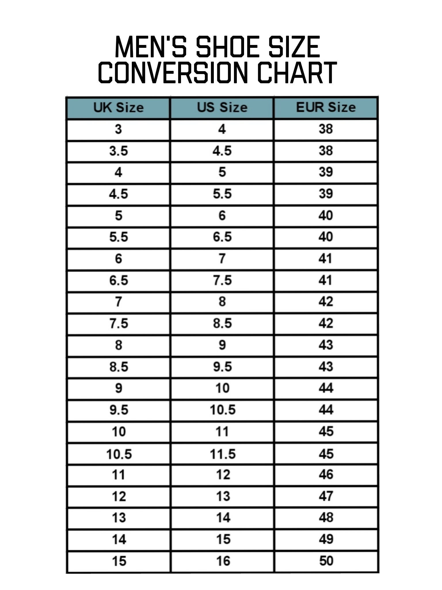 Mens Shoe Size Conversion Chart, Template, Instant, Printable with Men&amp;#039;S Shoe Size Chart Printable