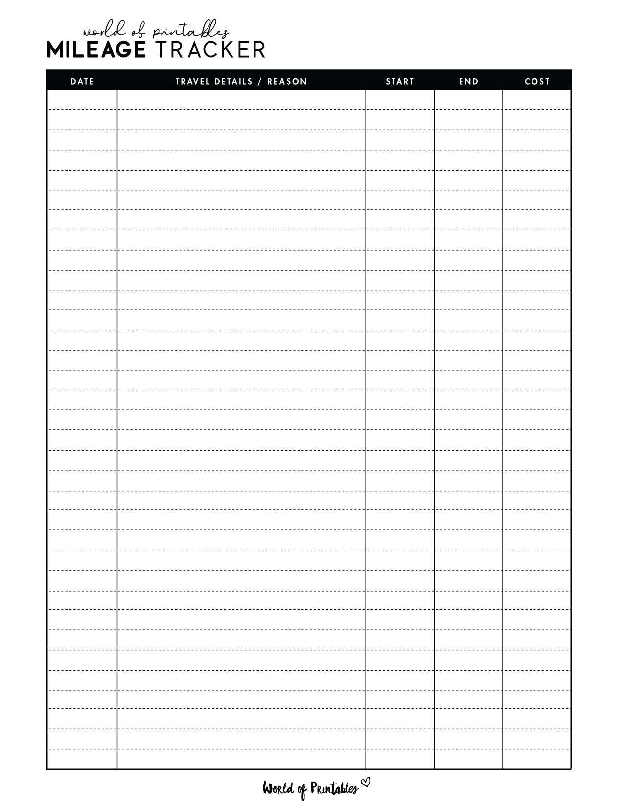 Mileage Log Templates - 15 Best Styles - World Of Printables intended for Mileage Chart Printable