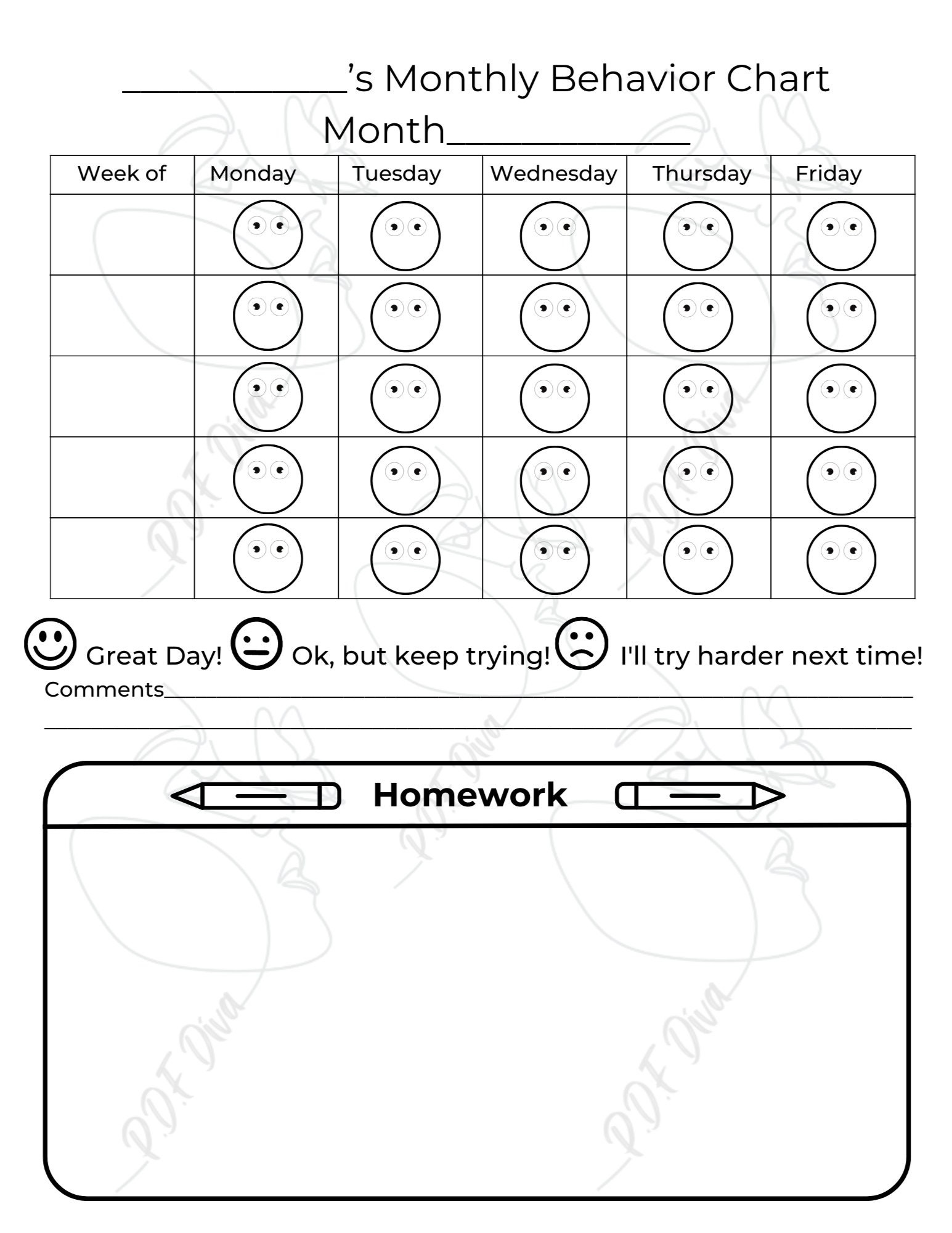 Monthly Behavior Chart W/Homework Section - Etsy with Monthly Behavior Chart Printable