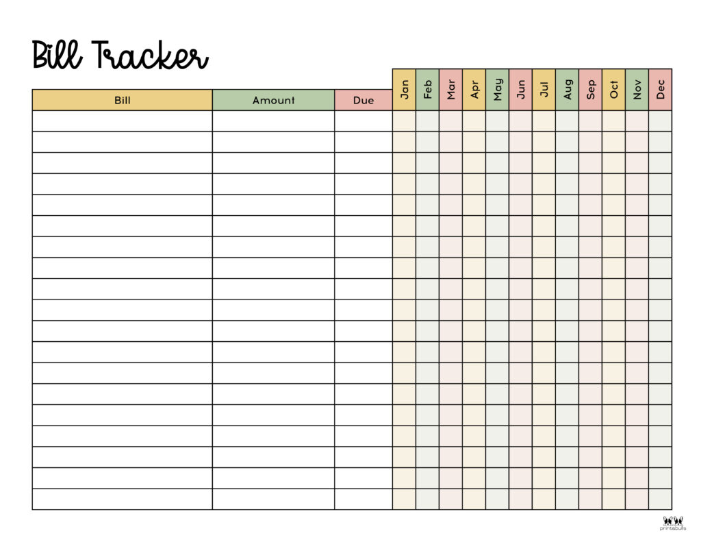 Monthly Bill Organizers - 18 Free Printables | Printabulls in Bill Chart Printable