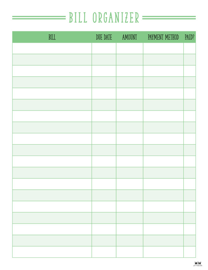 Monthly Bill Organizers - 18 Free Printables | Printabulls pertaining to Bill Chart Printable