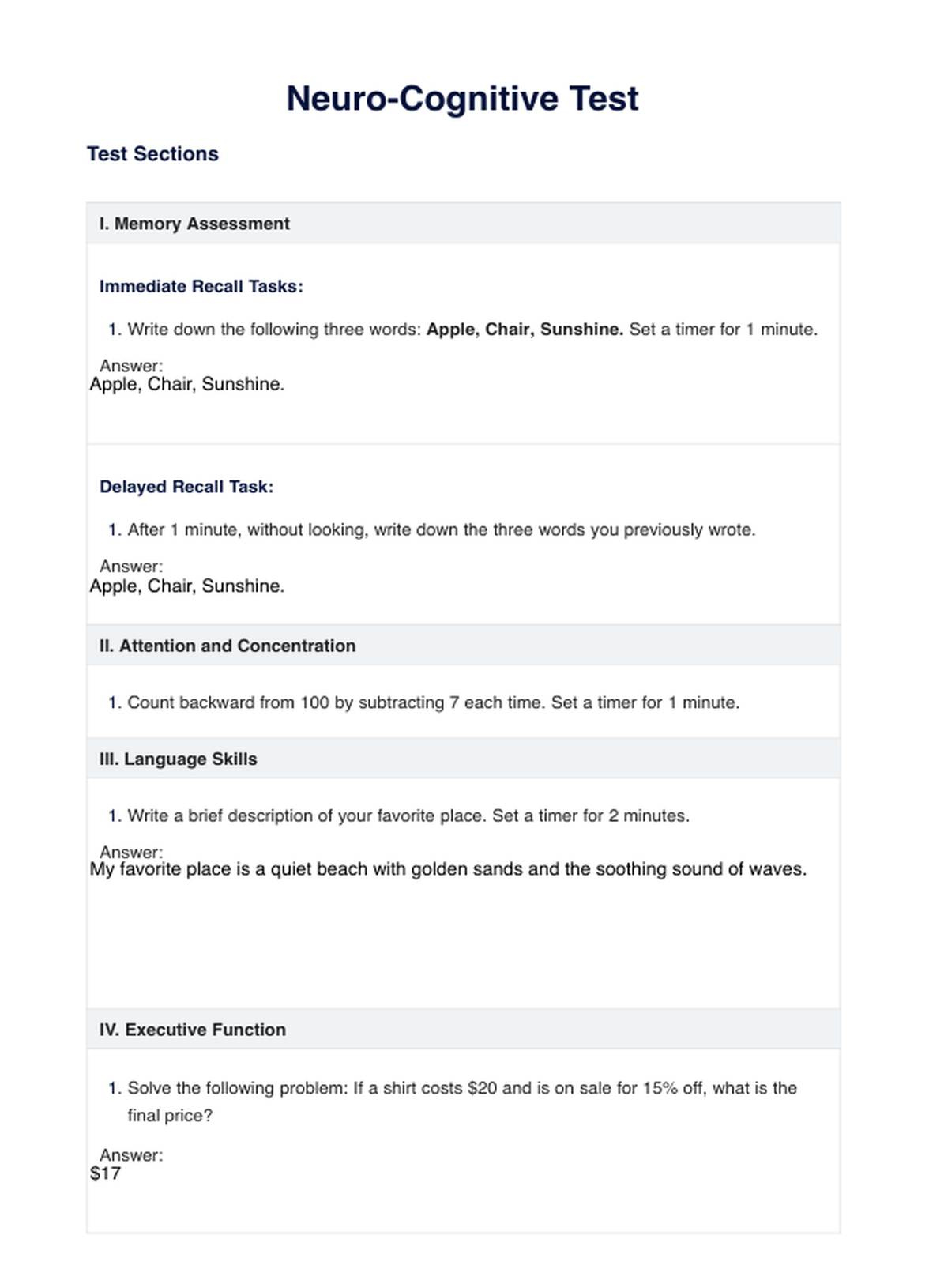Neuro Cognitive Test &amp;amp; Example | Free Pdf Download regarding Free Printable Cognitive Tests