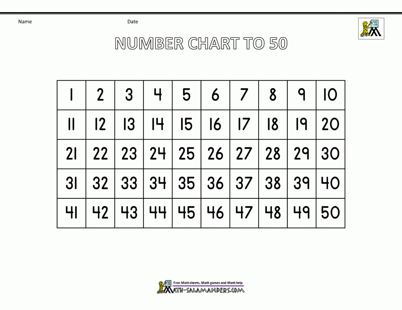 Number Chart To 50 for 50 Number Chart Printable