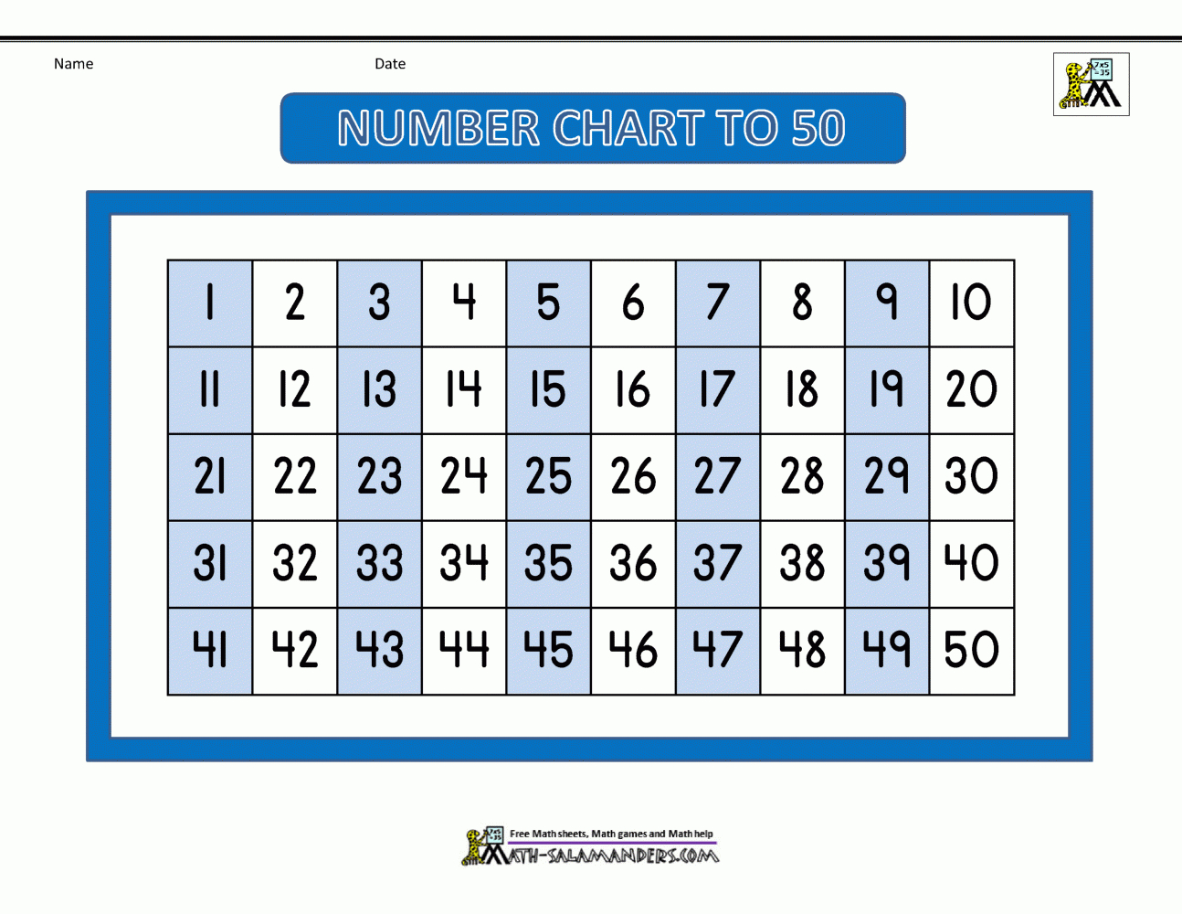 Number Chart To 50 regarding 50 Number Chart Printable