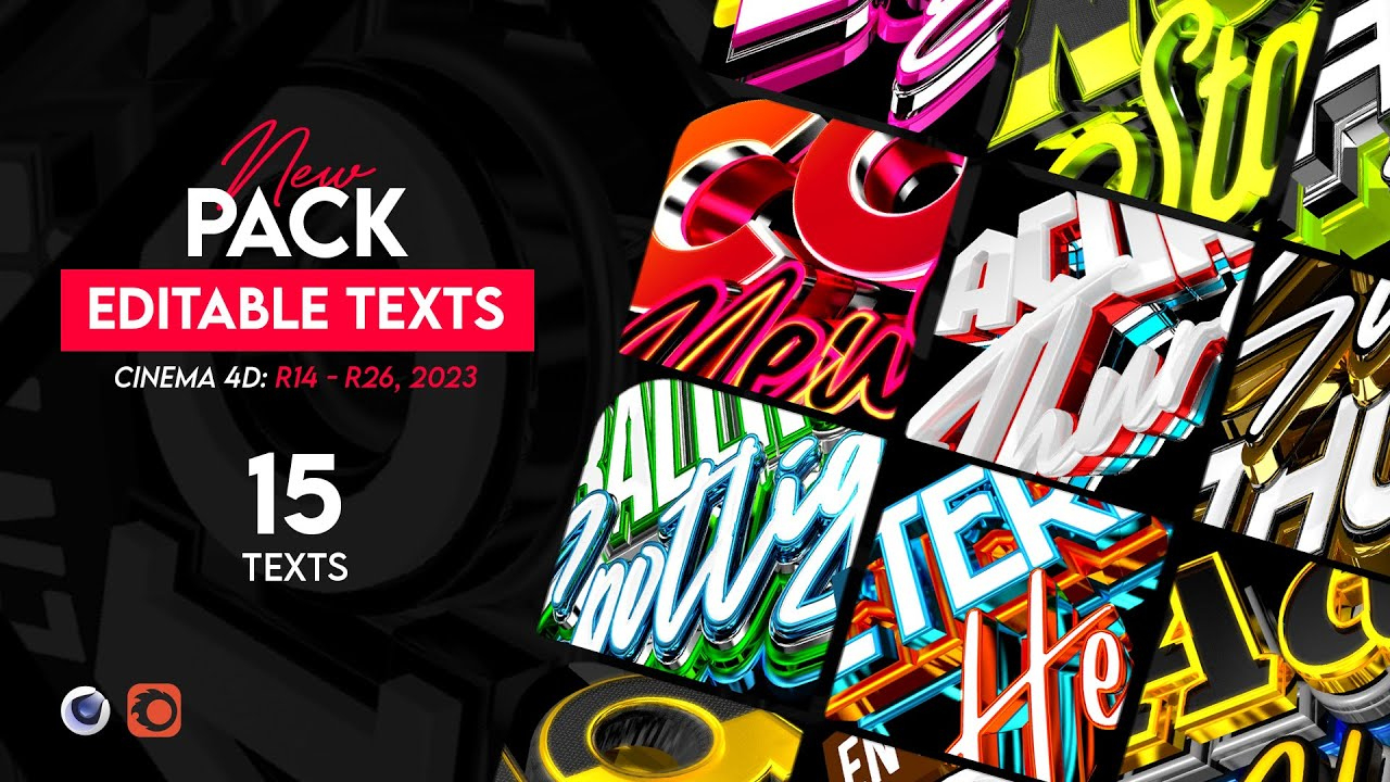 Pack Of 15 Editable Text Cinema 4D R14 - R26 | No Plugins - Youtube in Free C4d Text Templates