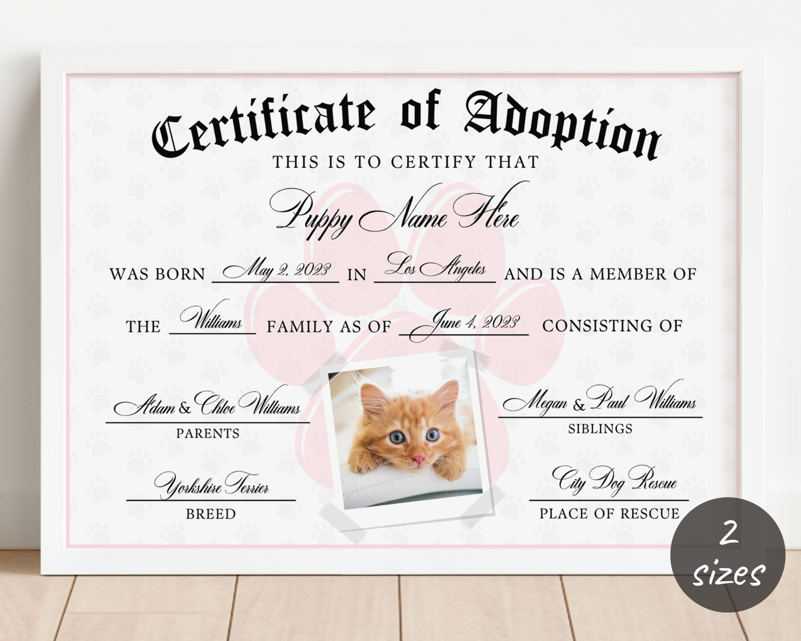 Pet Adoption Certificate Template, Editable Certificate Of regarding Free Printable Cat Adoption Certificate