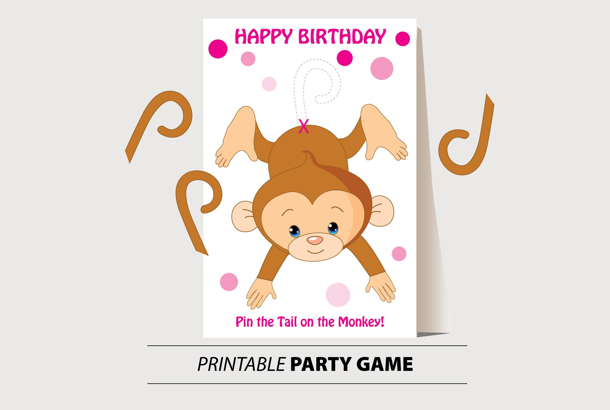 Pin The Tail On The Monkey Game Pink Dots You Print Instant for Pin The Tail On The Monkey Free Printable