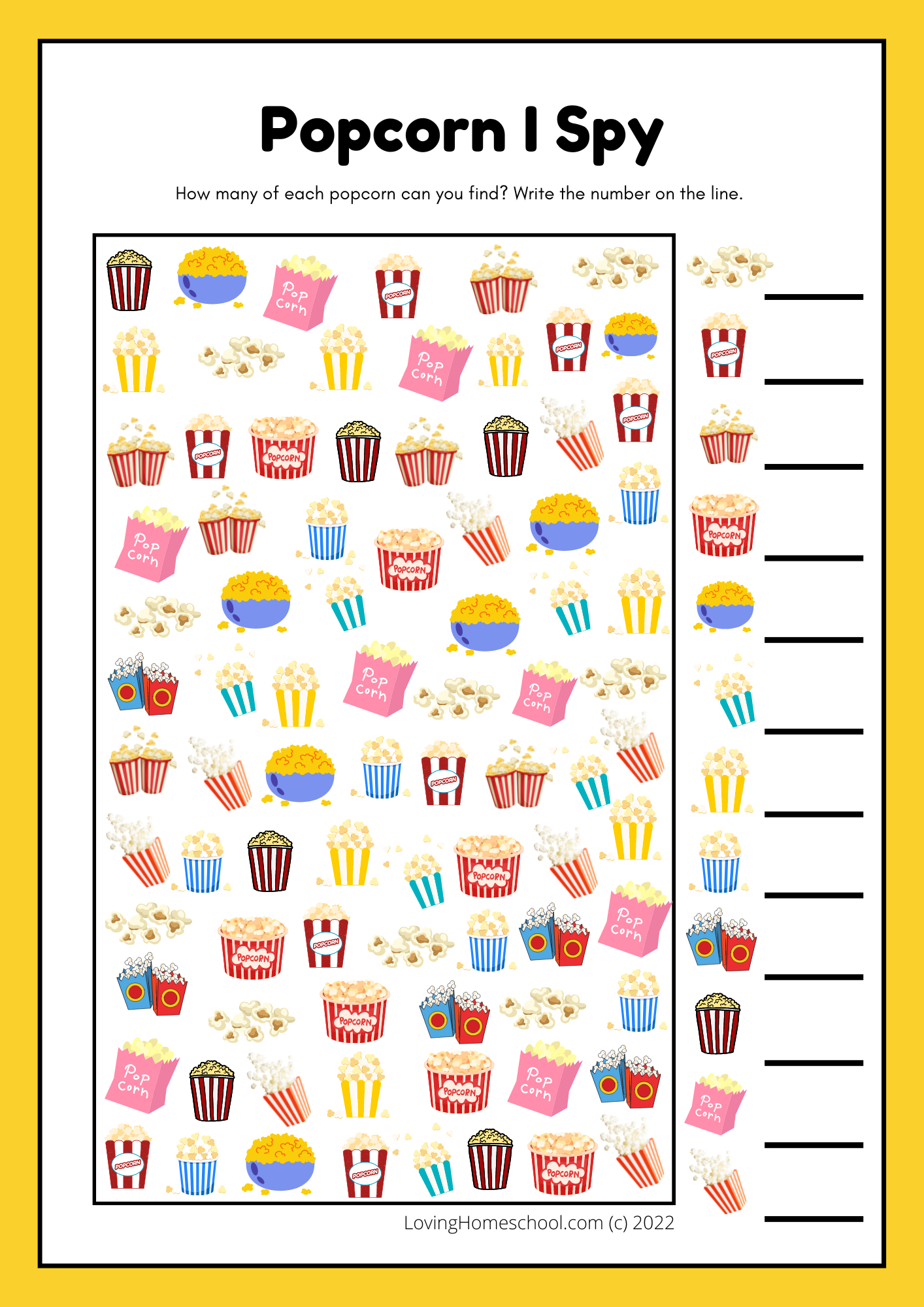 Popcorn I Spy Printable - Lovinghomeschool throughout Free Popcorn Printables