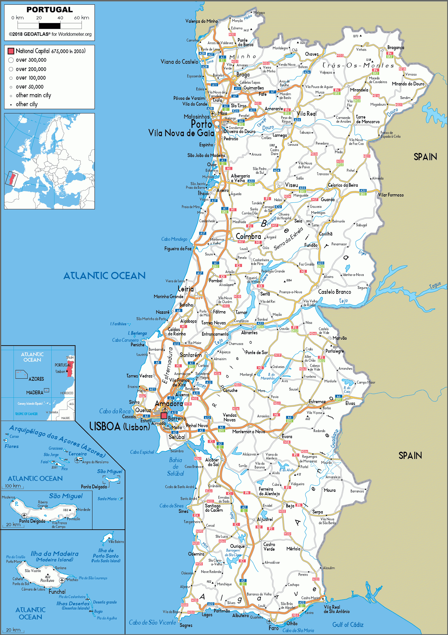 Portugal Map (Road) - Worldometer with regard to Free Printable Map of Portugal