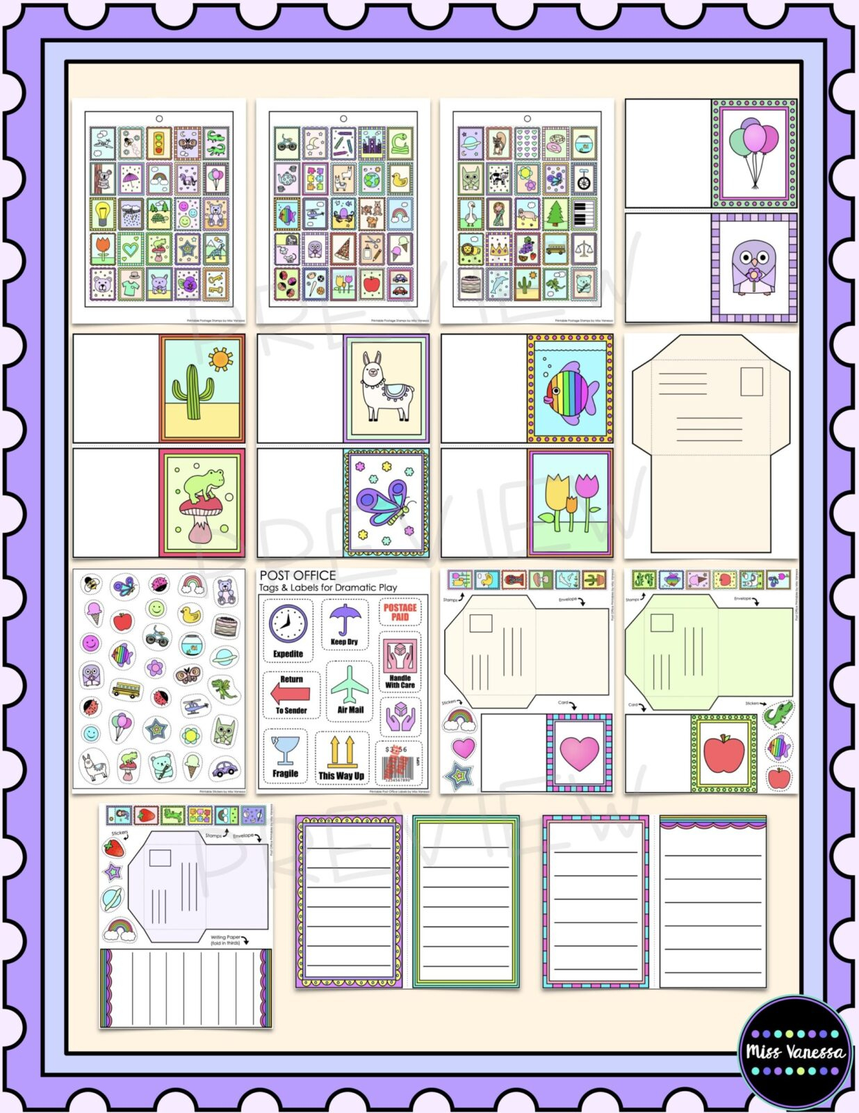 Post Office Printables With Postage Stamps Cards And Envelopes For inside Free Printable Stamps For Role Play