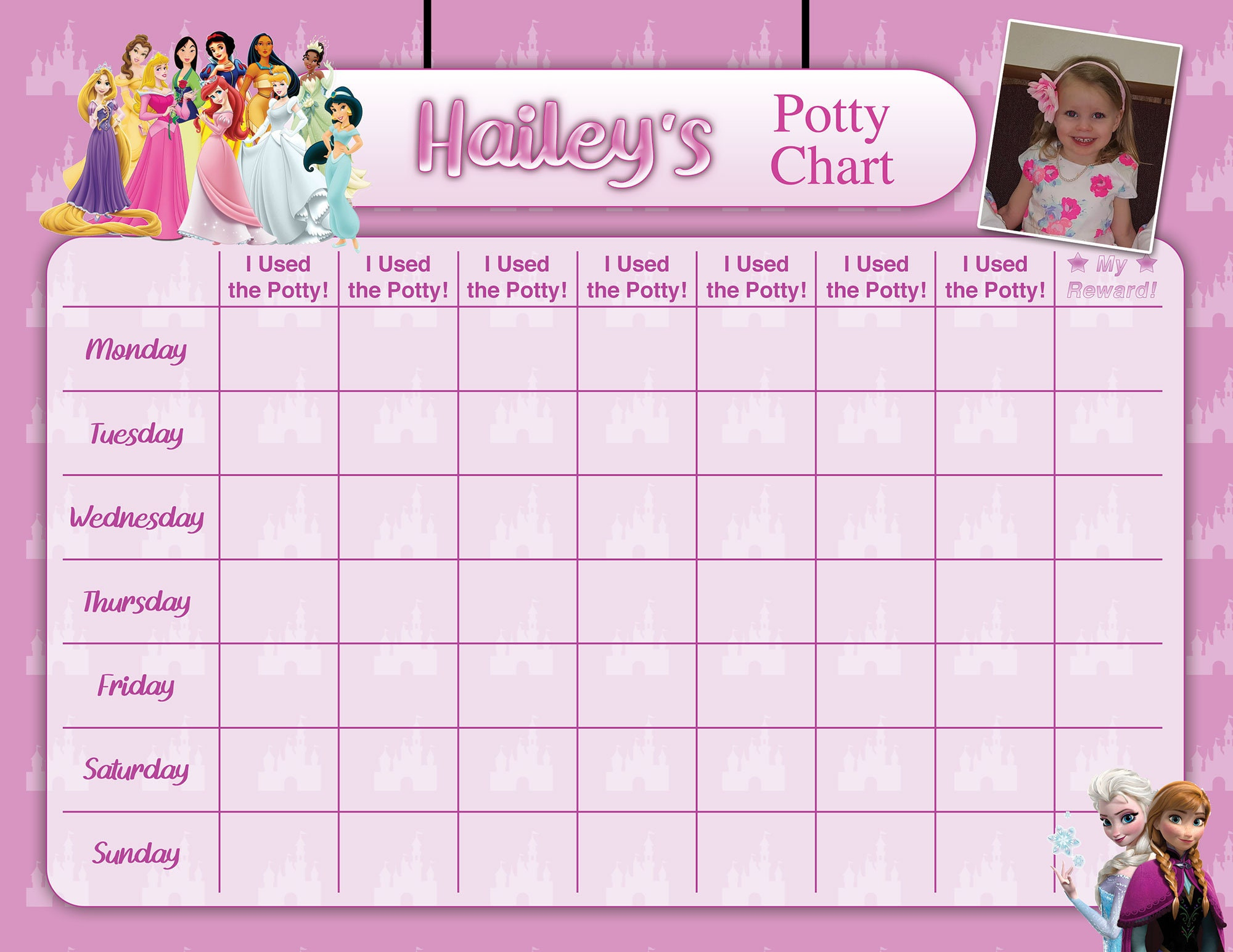 Princess Potty Chart - Potty Training Chart - Potty Reward Chart - Potty Sticker Chart - Customized, Personalized, Printable within Princess Potty Chart Printable