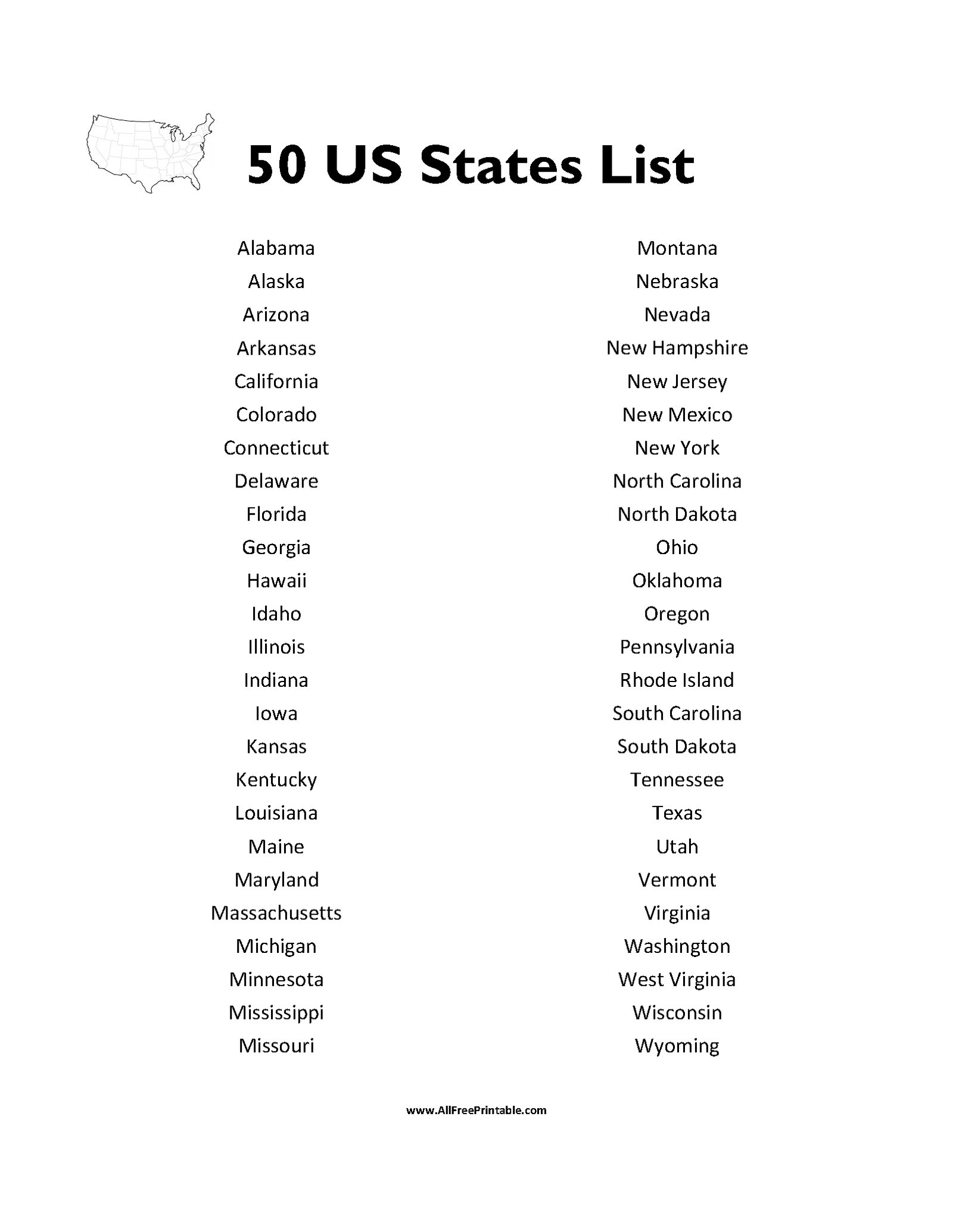 Print 50 States List – Free Printable intended for Free Printable List of 50 States