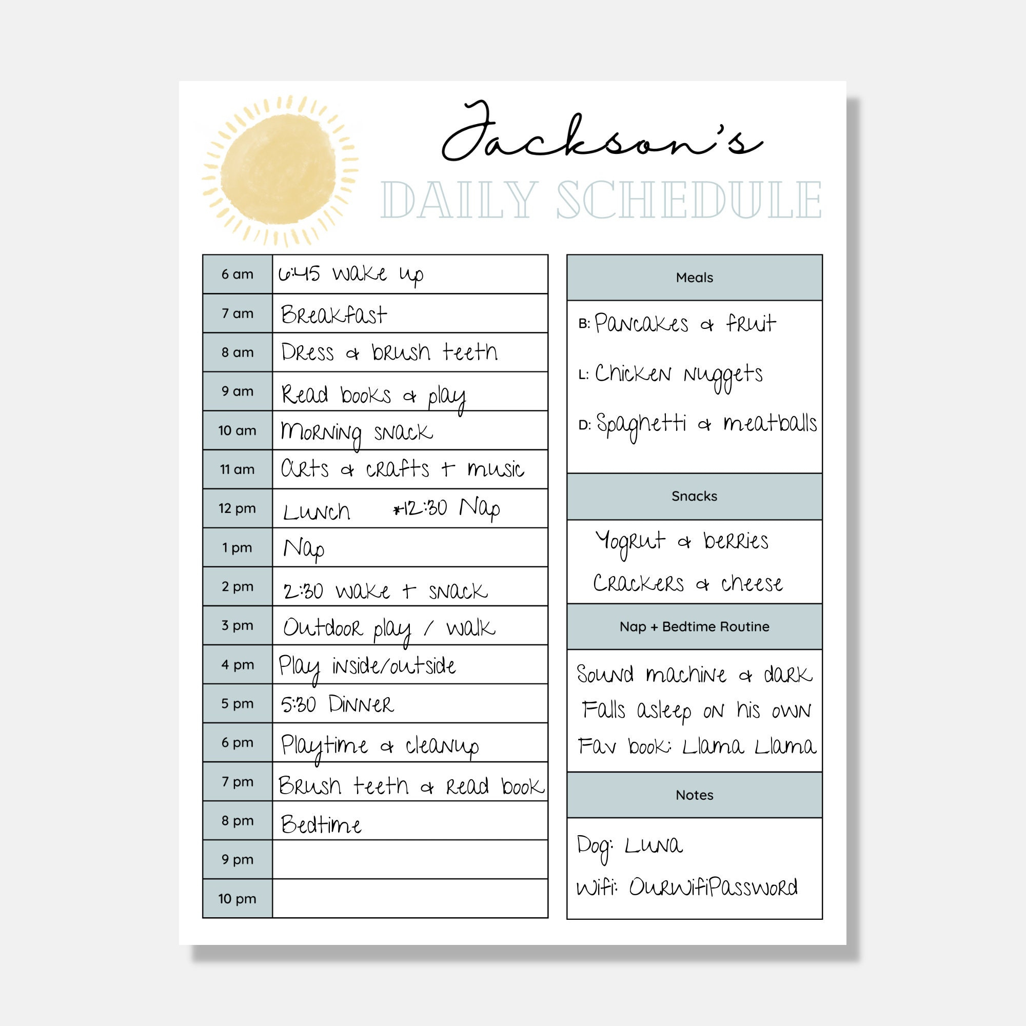 Printable Babysitter Schedule, Nanny Schedule, Infant Schedule inside Free Nanny Schedule Template