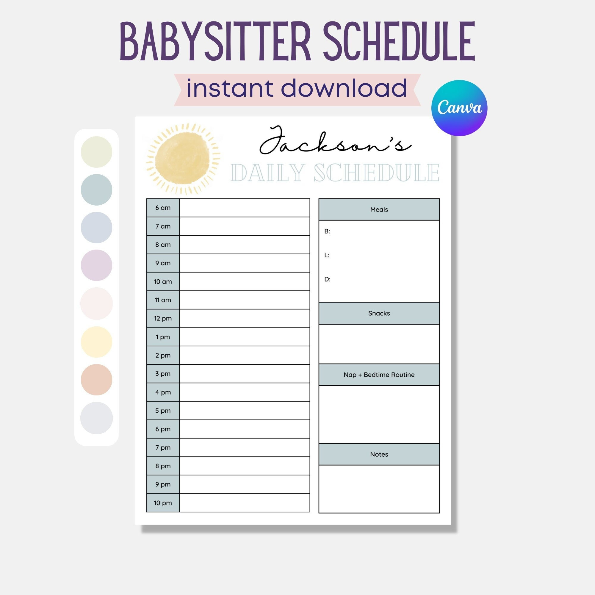 Printable Babysitter Schedule, Nanny Schedule, Infant Schedule intended for Free Nanny Schedule Template