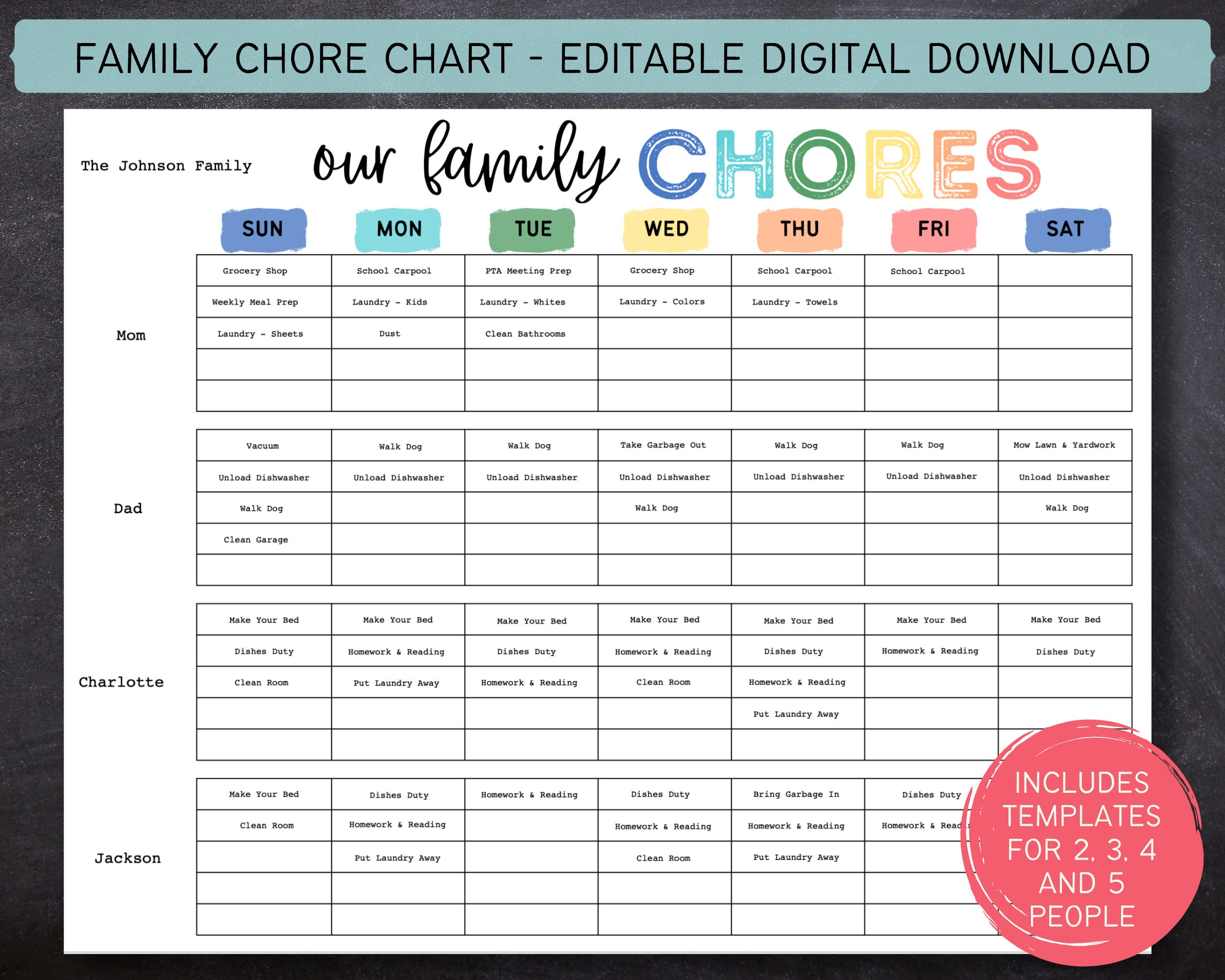 Printable Editable Weekly Family Chore Chart | Family Planner in Weekly Family Chore Chart Printable