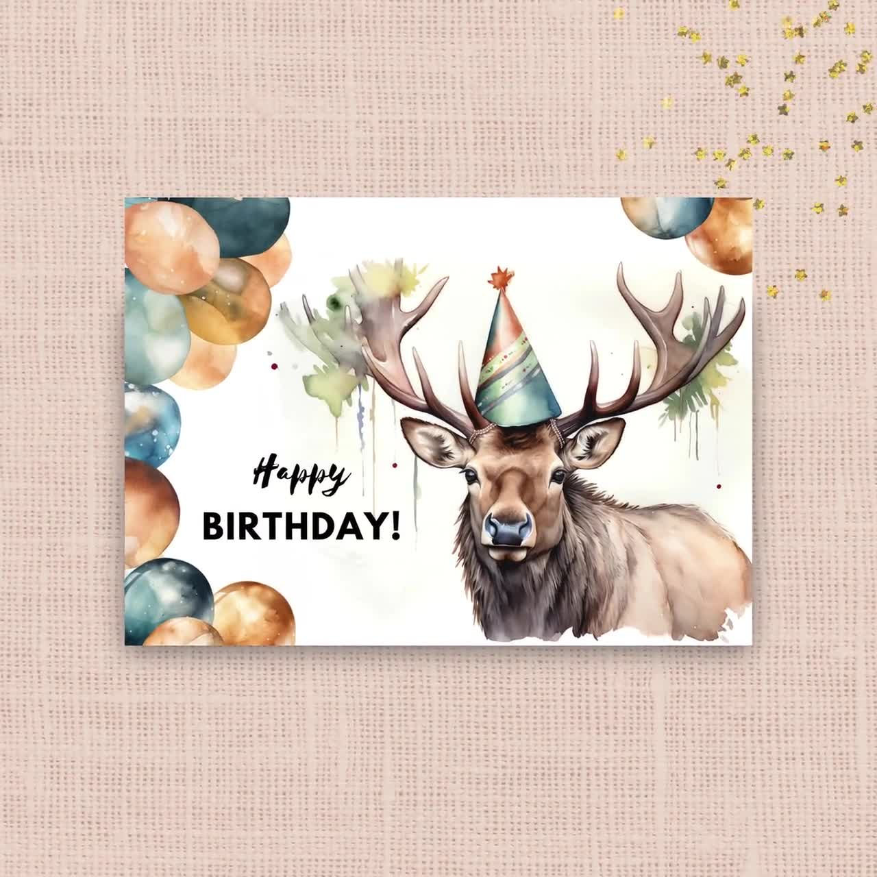 Printable Elk Birthday Card, Instant Download, Print At Home Card, Wapiti Deer Gift, Wildlife Animal Birthday, Watercolor Art Illustration inside Free Printable Hunting Birthday Cards