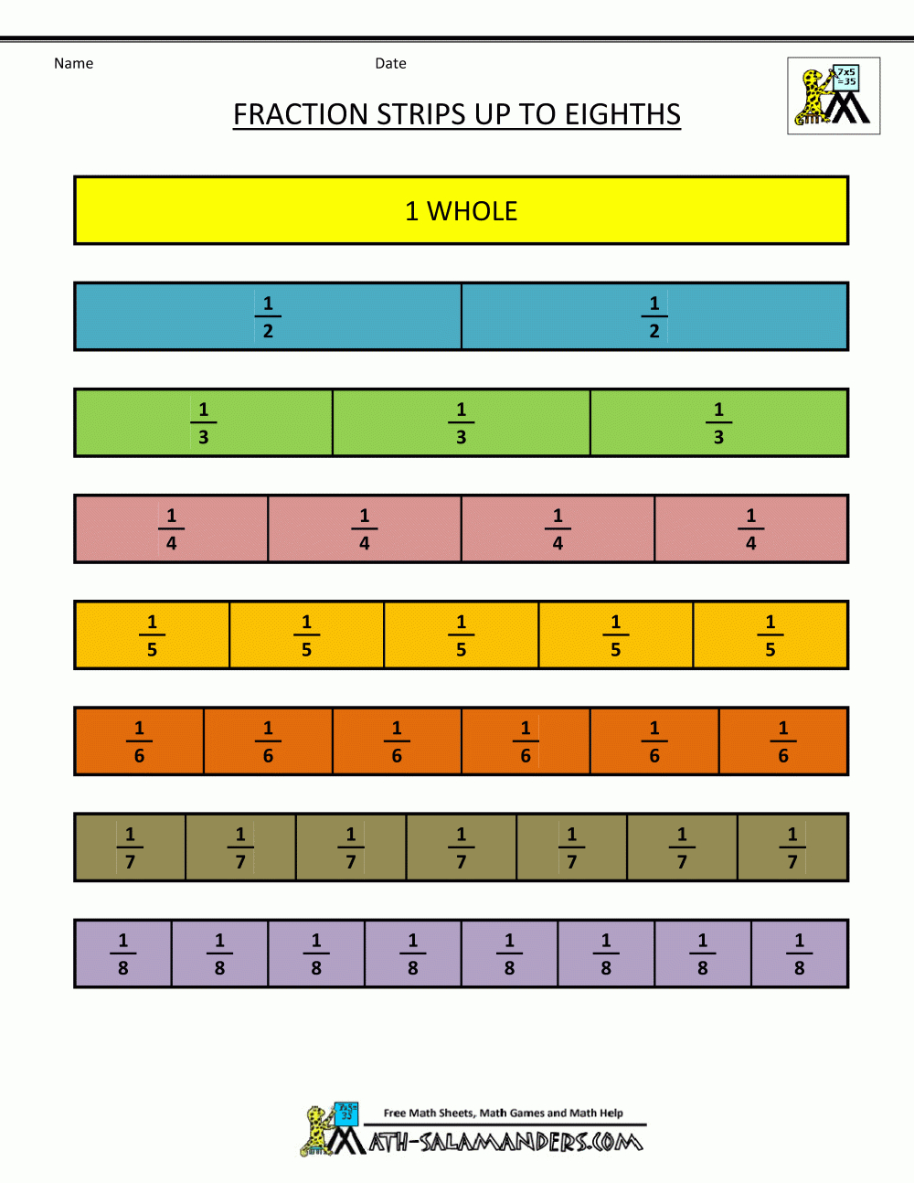 Printable Fraction Strips for Free Fraction Chart Printable