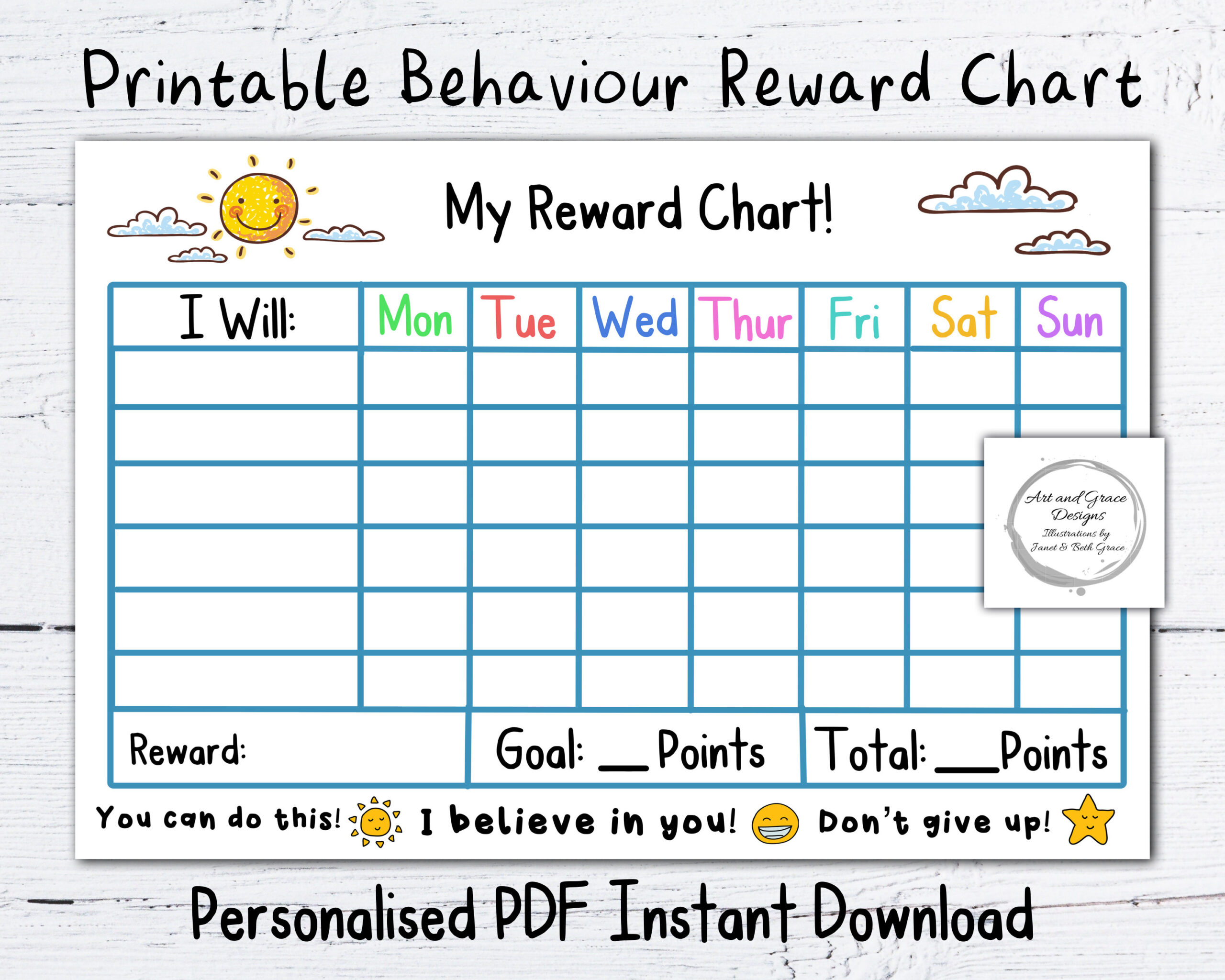 Printable Pdf Reward Chart - Personalised Instant Download- Kid&amp;#039;S throughout Behaviour Reward Chart Printable
