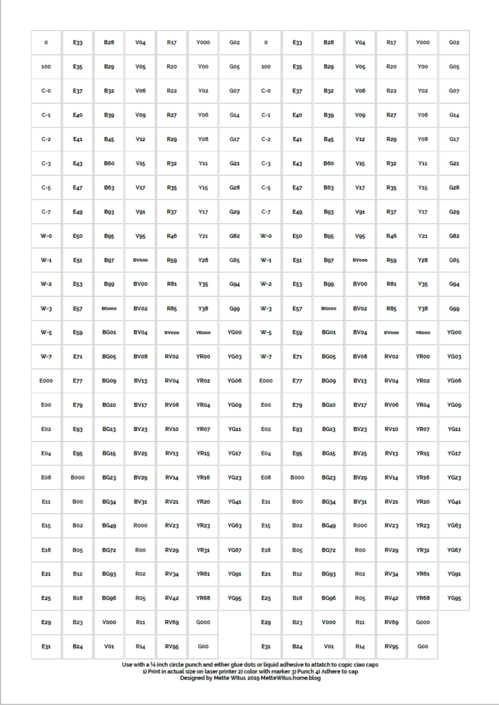 Copic Color Chart Printable