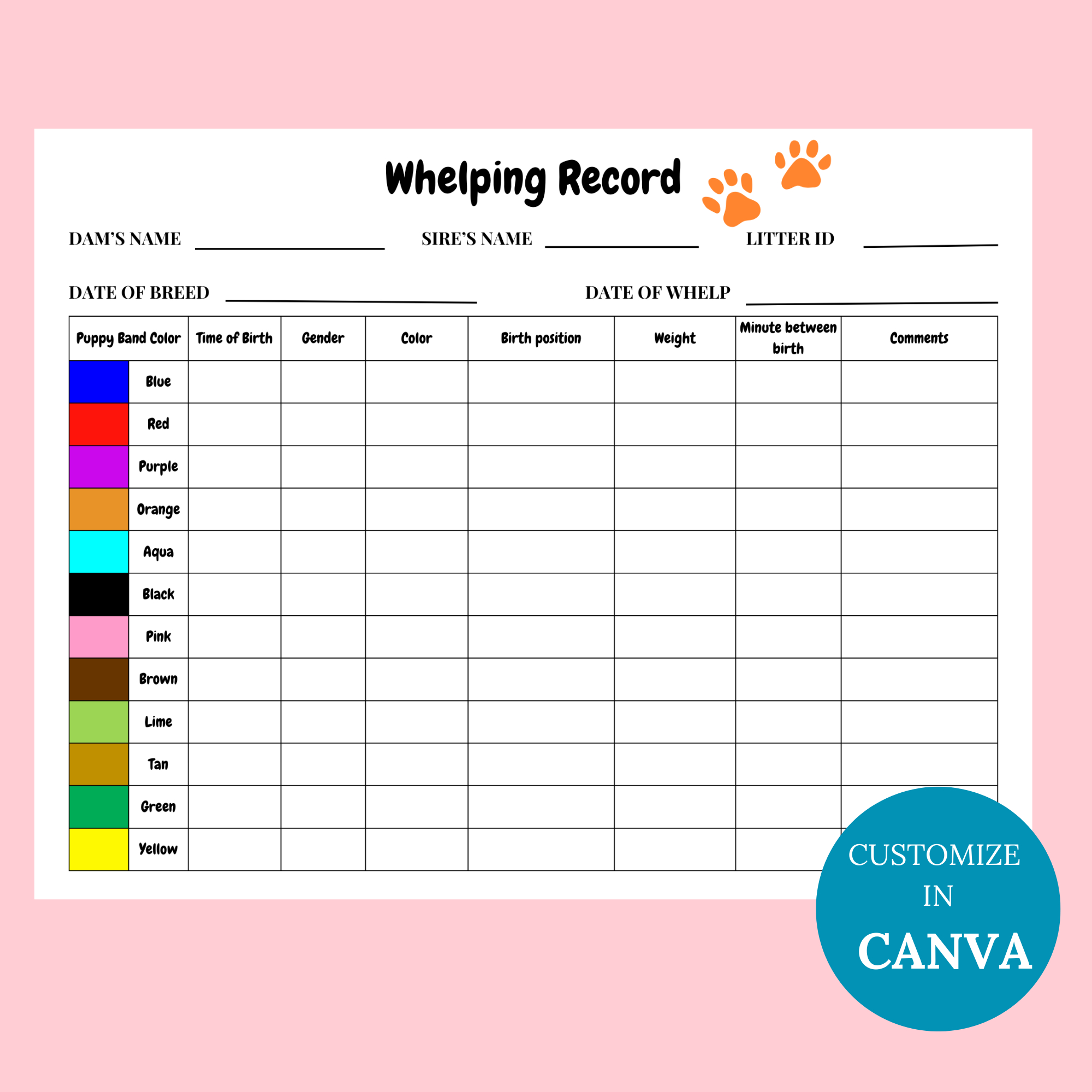 Puppy Whelping Chart Pdf Printable (Instant Download) pertaining to Whelping Chart Printable