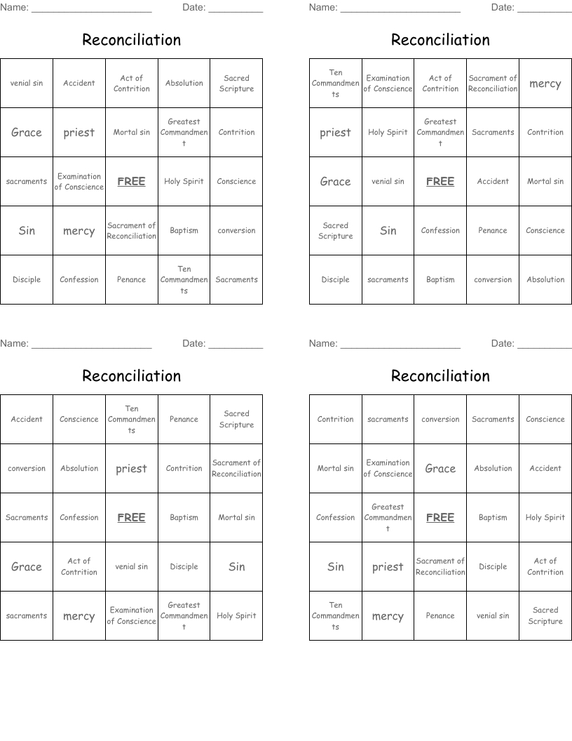 Reconciliation Bingo Cards - Wordmint with Free Printable Reconciliation Cards