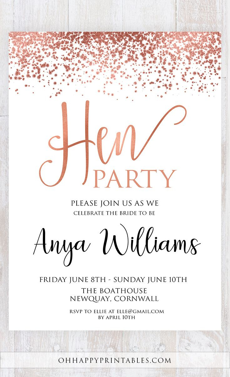 Rose Gold Hen Party Invitation, Hen Do Invite Editable Template for Free Hen Party Templates