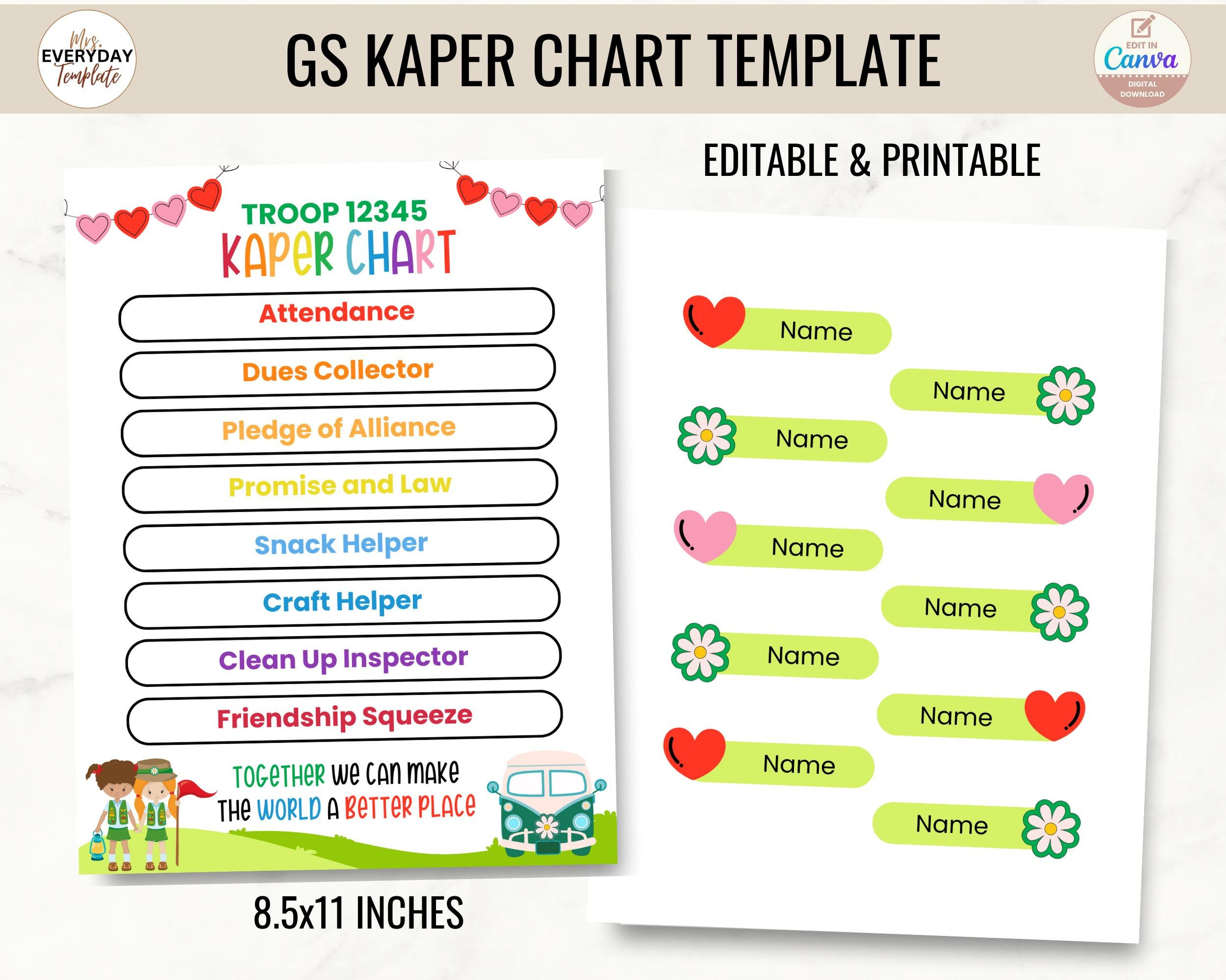Scout Kaper Chart Editable Template With Girl Name Label, Scout with regard to Kaper Chart Printable