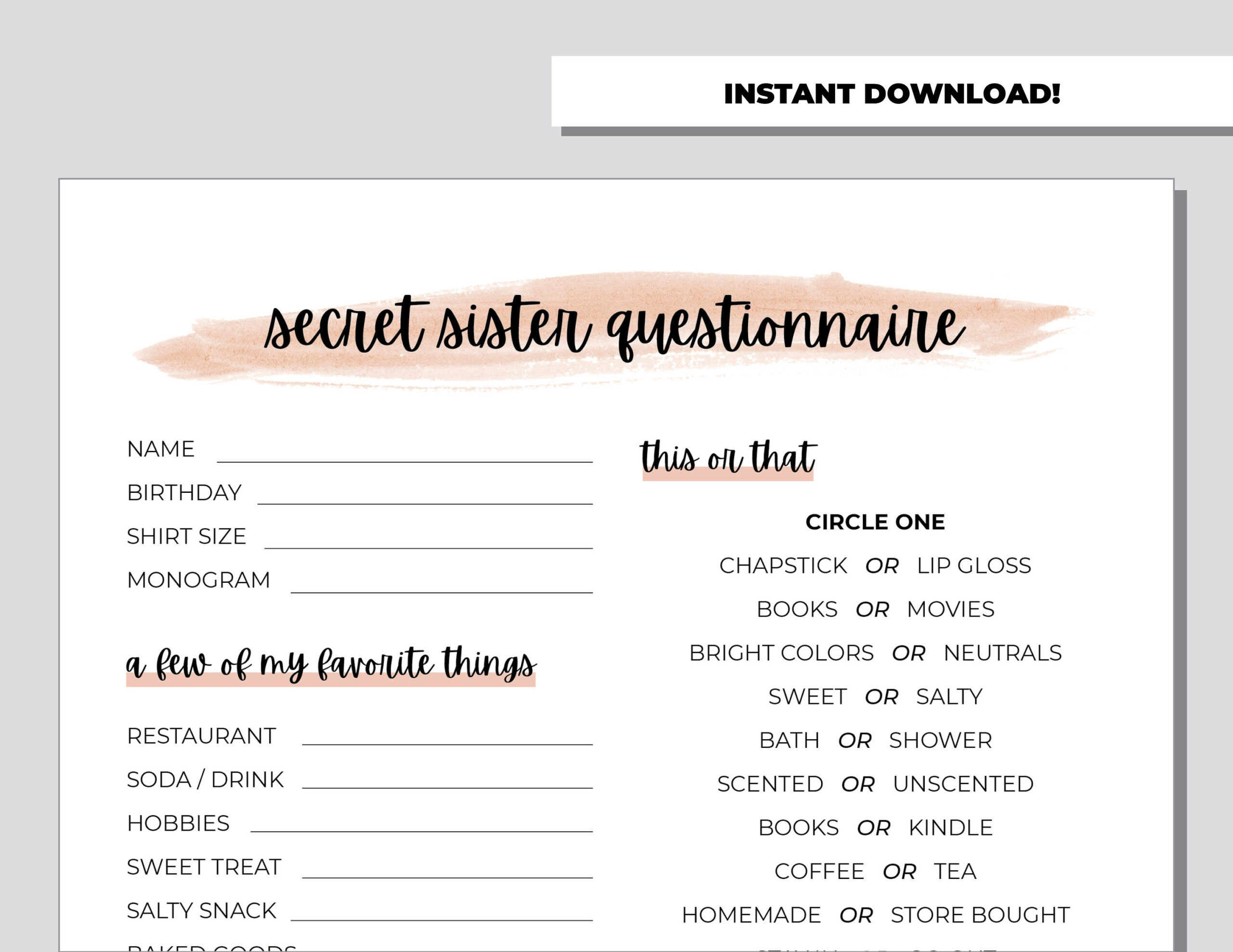 Secret Sister Questionnaire, Gift Exchange Survey And Favorite within Free Printable Secret Sister Forms