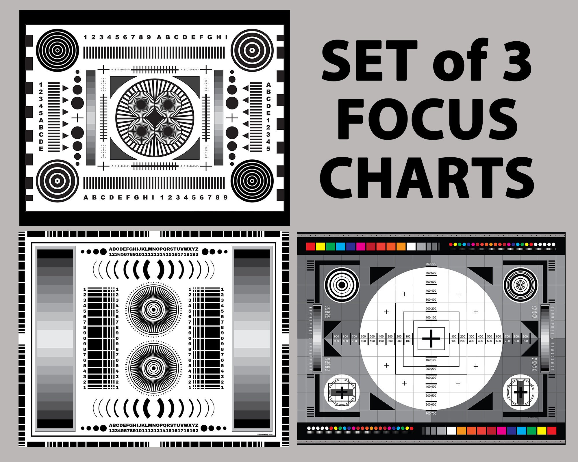 Set Of 3 Focus Charts For Photography Lens Test, Digital Download for Lens Test Chart Printable