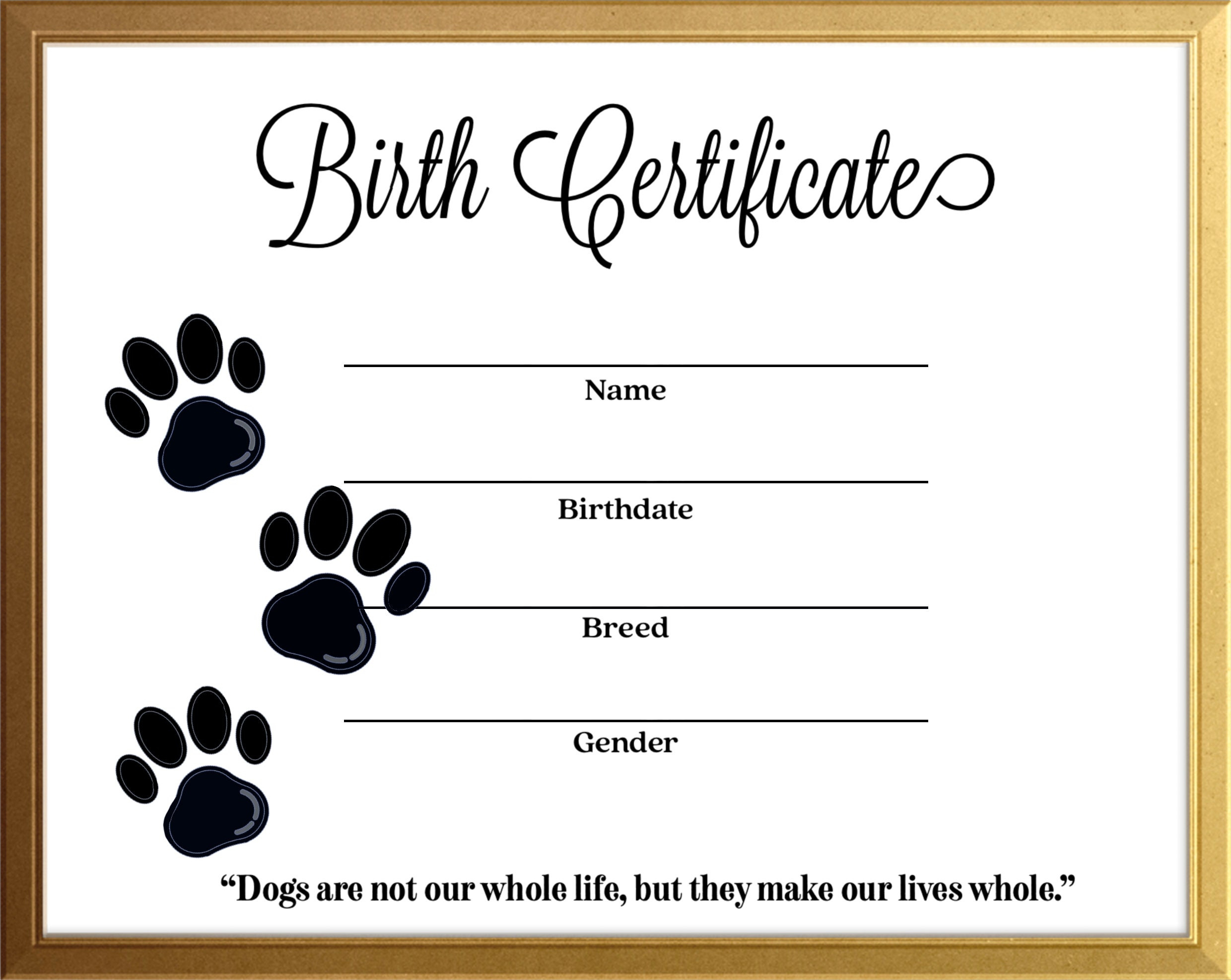 Simple Dog Canine Birth Certificate Instant Download Printable with Printable Free Puppy Birth Certificate Template