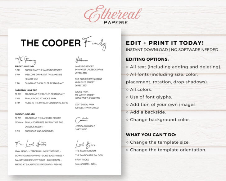 Family Reunion Itinerary Template Free