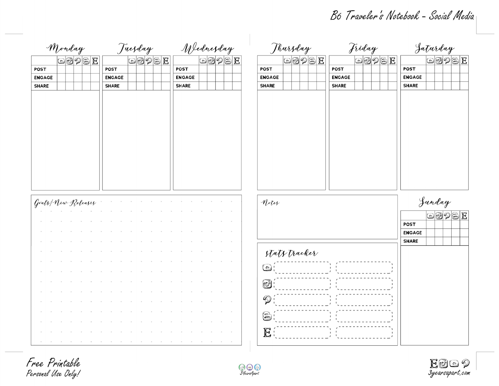 Social Media Planner Inserts | Free Printable For Traveler&amp;#039;S intended for Free B6 Printables