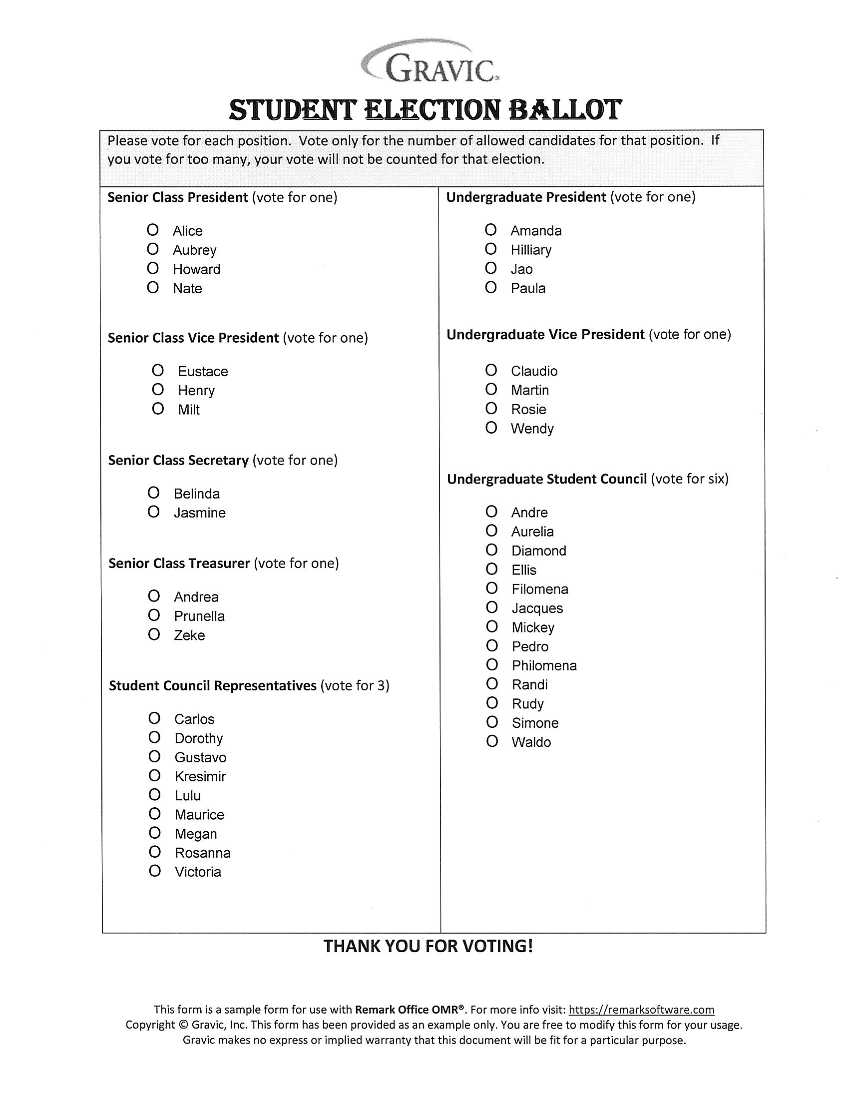 Student Election Ballot · Remark Software throughout Free Editable Voting Ballot Template