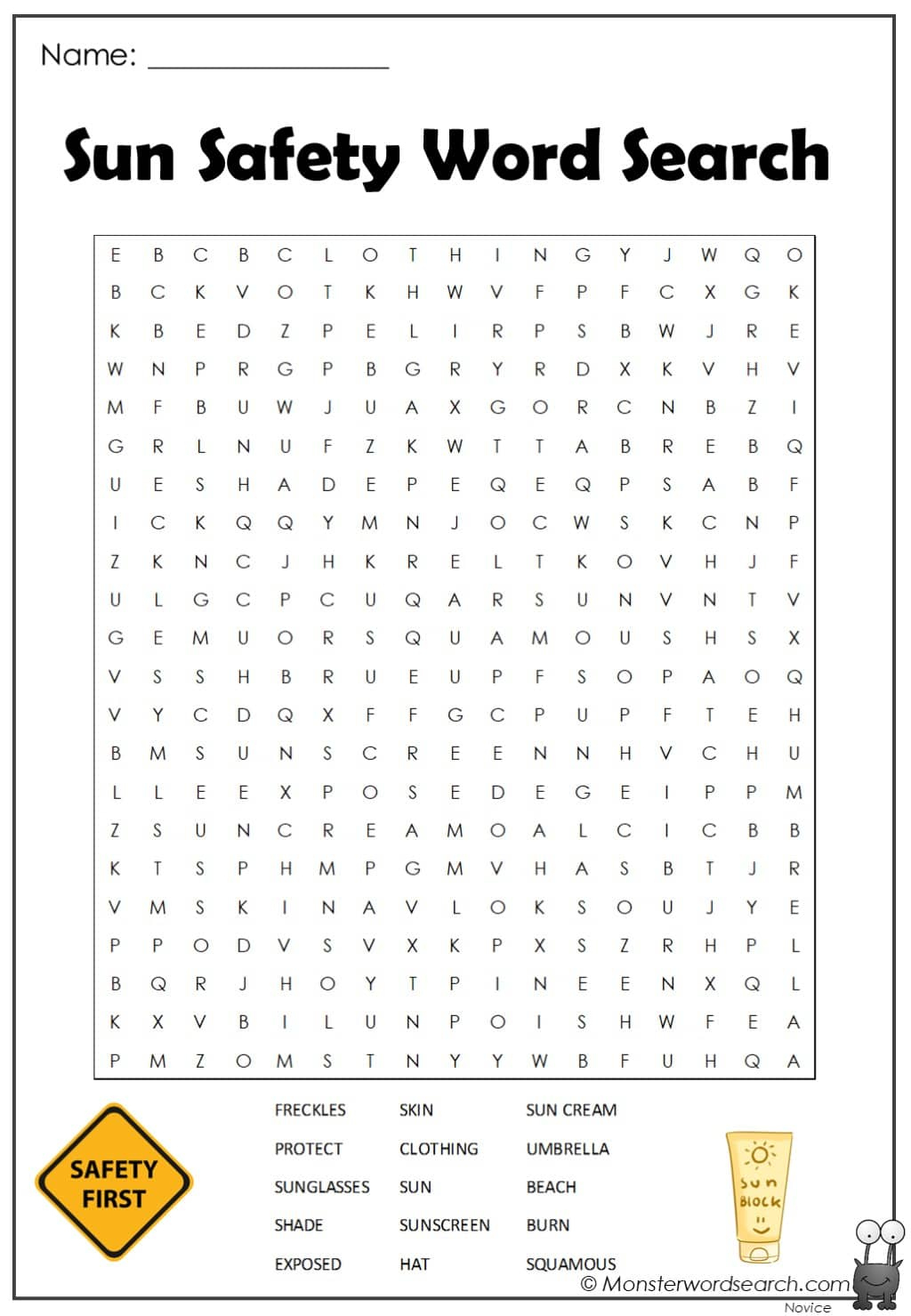 Sun Safety Word Search - Monster Word Search intended for Free Printable Summer Safety Worksheets