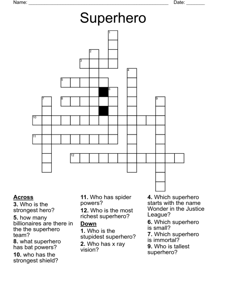Free Printable Superhero Crosswords