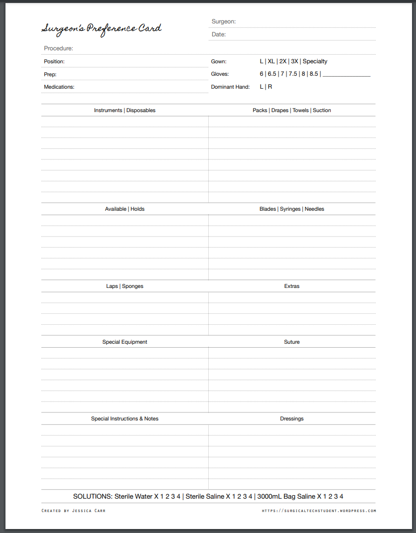 Surgeon&amp;#039;S Preference Card – The Surgical Tech Student intended for Free Surgeon Preference Card Template