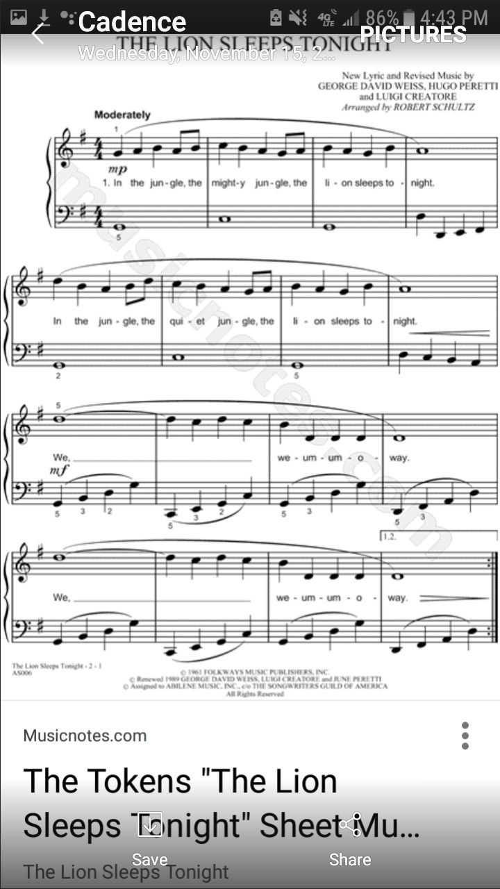 The Lion Sleeps Tonight (Lion King) inside Free Printable Piano Sheet Music For The Lion Sleeps Tonight