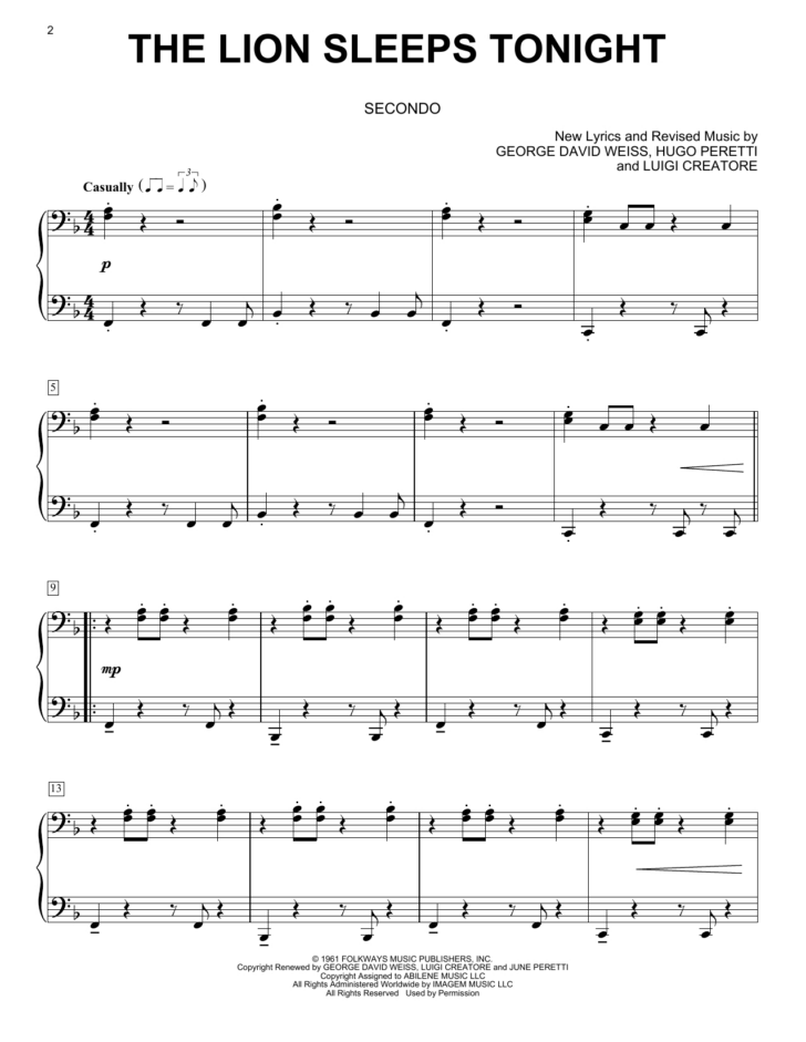 Free Printable Piano Sheet Music For The Lion Sleeps Tonight
