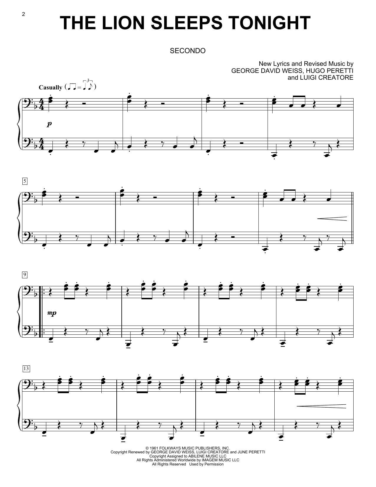 The Lion Sleeps Tonighttokens Sheet Music For Piano Duet At with regard to Free Printable Piano Sheet Music For The Lion Sleeps Tonight