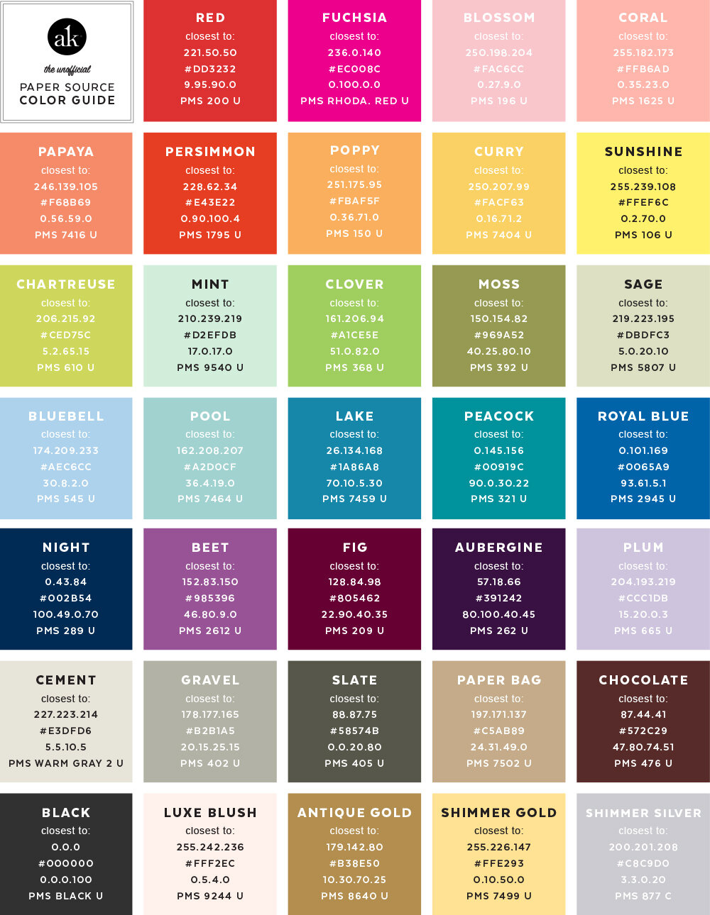 The Unofficial Paper Source Color Guide (Updated!) — Akula regarding Rgb Color Chart Printable